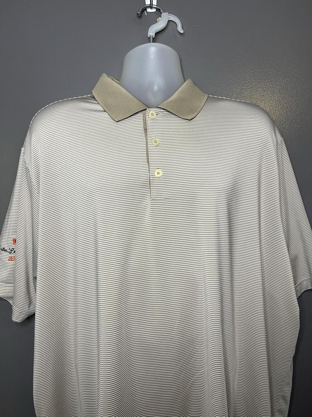 Adidas Polo Shirt Mens 2XL Beige Stripe Golf Athletic Performance Stretch